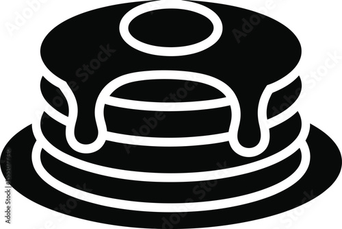 Black and White Glyph Icon of Stacked Pancakes with Syrup Drizzled on Top Served on a Plate a