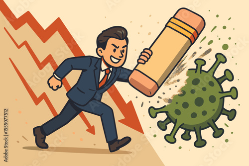 Businessman Erasing Coronavirus with Giant Eraser, Economic Recovery Concept, Defeating COVID-19 Crisis, Stock Market Rebound, Overcoming Pandemic, Financial Resilience, Vector Illustration
