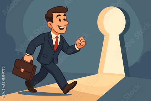 Ambitious Businessman Walking Toward Keyhole Doorway Symbolizing Career Growth, Opportunity, Success, Achievement, Professional Advancement, Motivation, Aspirations, Future Goals, Vector Illustration