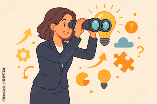 Visionary businesswoman searching for innovative ideas and opportunities with binoculars. Creative problem solving, strategy, leadership, innovation, business growth, solution concept illustration.