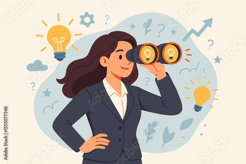 Visionary businesswoman searching for innovative ideas and opportunities with binoculars, creative problem solving, leadership, future planning, strategy, business growth, vector illustration