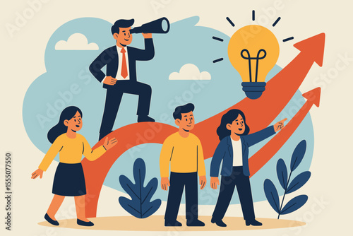 Visionary business leader guiding diverse team towards innovation and growth. Teamwork, leadership, opportunity, success. Arrow, light bulb, strategy, future planning, cartoon vector illustration