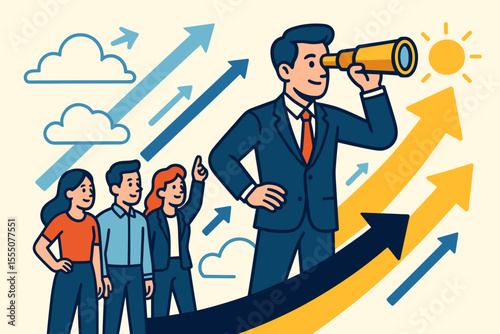 Visionary business leader guiding diverse team toward new opportunities, future growth, and success. Teamwork, leadership, direction, innovation, strategy, upward arrows, cartoon vector illustration.