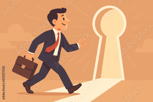 Ambitious Businessman Walking Toward Keyhole Doorway, Symbolizing Career Growth, Opportunity, Success, Professional Advancement, Motivation, Aspirations, Achievement, Vector Illustration