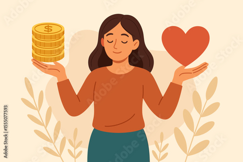 Woman balancing money and love, golden coins and red heart in hands, financial stability versus emotional well-being, work-life balance, choice, decision, modern lifestyle vector illustration