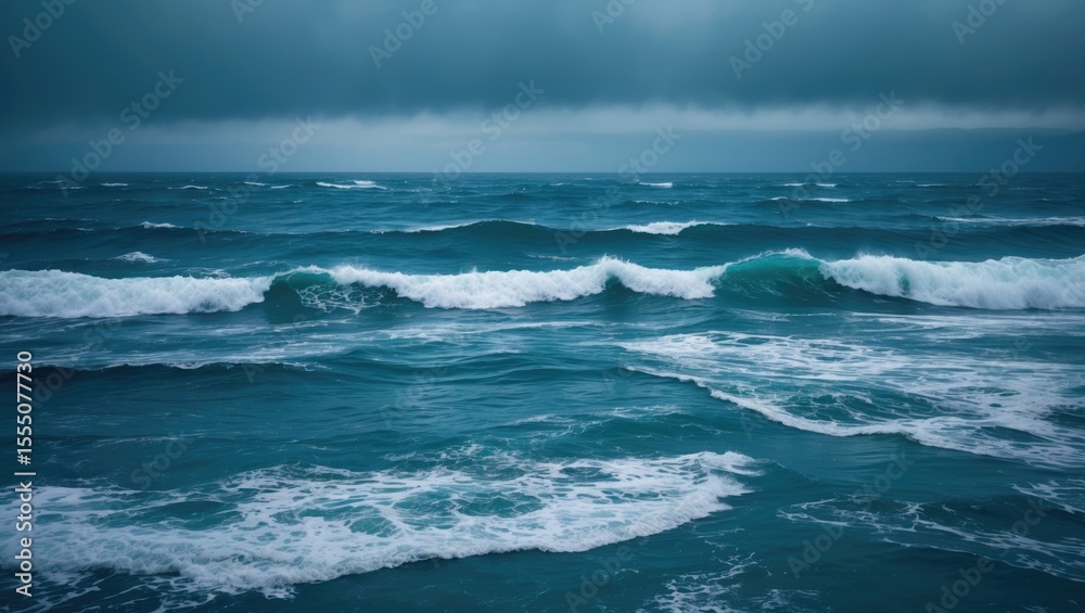 Fototapeta premium Stormy ocean with crashing waves and dark cloud sky.