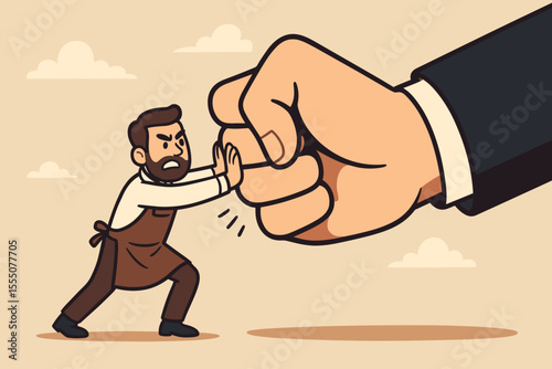 Small business struggle concept. Entrepreneur man pushing giant fist. Metaphor for competition, economic pressure, crisis, taxes, and challenges. David vs Goliath. Resilience.