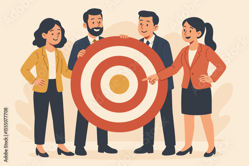 Business team collaborating on a common goal, holding a large target. Concept of teamwork, strategy, and achievement. Woman points at the bullseye, symbolizing focus and success.