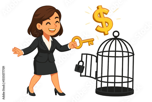 Financial freedom concept. Businesswoman unlocking cage with a golden key. Liberation from debt metaphor. Achieving wealth, career success, and financial independence. Vector.