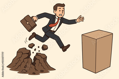Ambitious businessman leaping forward, overcoming obstacles. Jumping from a crumbling foundation to a stable future. Metaphor for risk, progress, career growth, and success.