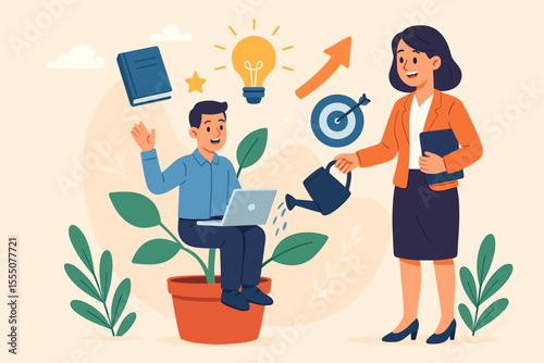 Mentorship and employee development concept. HR manager nurturing talent and fostering career growth. Businesswoman watering employee plant. Coaching for success and potential.