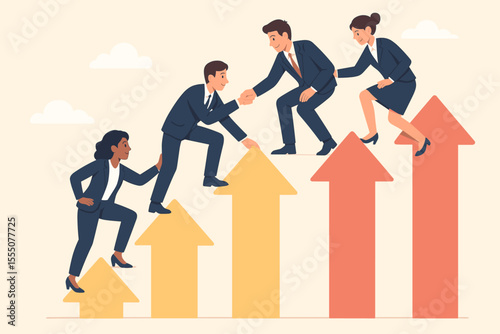 Teamwork and collaboration concept. Diverse business people helping each other climb up a growth chart of arrows. Partnership and support for career path and company success.