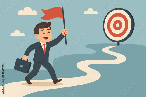 Businessman with a flag on a journey to reach the target goal. Career path and business strategy concept. Ambitious character walking toward success, achievement, and vision.