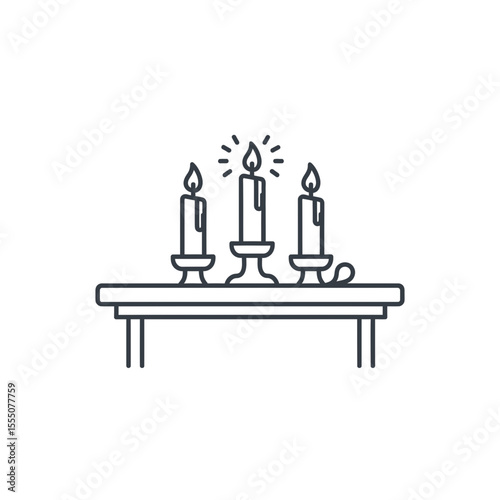 Three decorative candles on a table glowing softly in minimalist style  