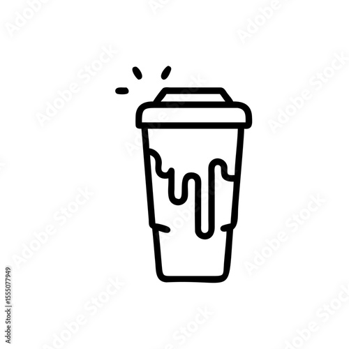Line art coffee cup with dripping liquid radiating sparkles isolated on drink beverage