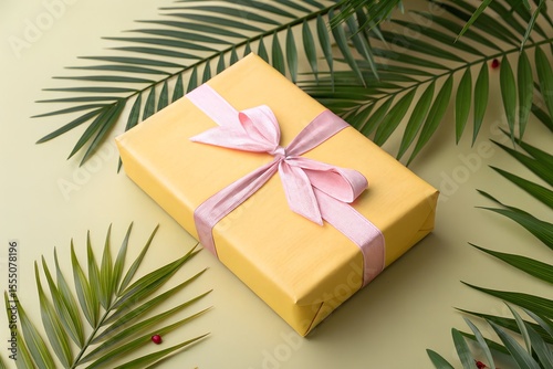 Yellow gift box with pink ribbon and tropical palm leaves, ideal for gift, celebration, holiday, party, birthday, surprise, present decoration, gift packaging