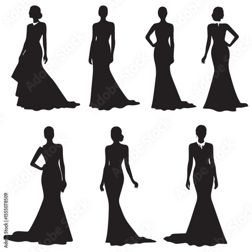 Black silhouette of glamorous women in various red carpet poses wearing designer gowns, with stylish hair minimalistic details and clean white background for vector stock us Adobe Illustrator Artwork