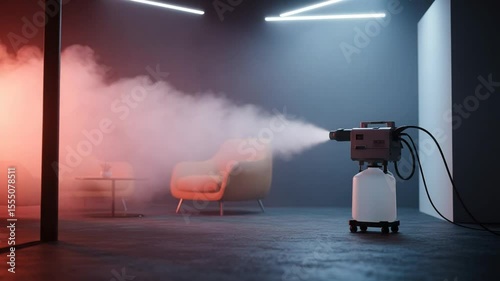 Fog Machine Emitting Smoke in Modern Room with Armchairs