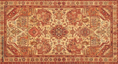 Intricate antique rug featuring geometric patterns and floral motifs in warm red and beige tones