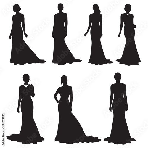 Black silhouette of glamorous women in various red carpet poses wearing designer gowns, with stylish hair minimalistic details and clean white background for vector stock us Adobe Illustrator Artwork