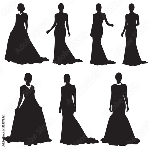 Black silhouette of glamorous women in various red carpet poses wearing designer gowns, with stylish hair minimalistic details and clean white background for vector stock us Adobe Illustrator Artwork