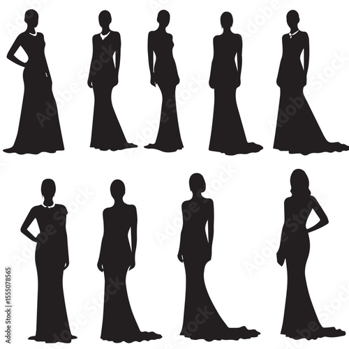 Black silhouette of glamorous women in various red carpet poses wearing designer gowns, with stylish hair minimalistic details and clean white background for vector stock us Adobe Illustrator Artwork
