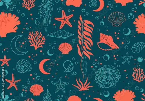 A magical, celestial-oceanic seamless pattern showcases intricate illustrations of seashells, coral, and starfish scattered with moons and stars against a dark teal backdrop. Vector Patterns