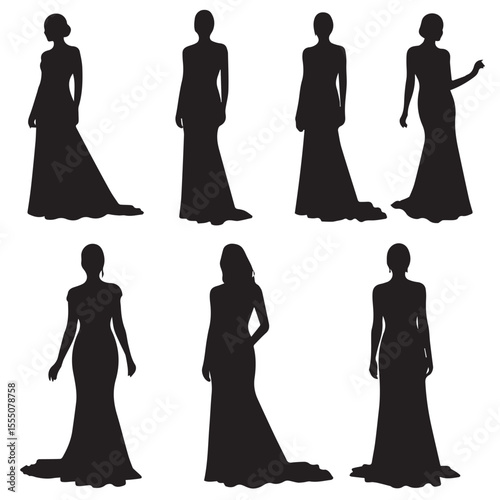 Black silhouette of glamorous women in various red carpet poses wearing designer gowns, with stylish hair minimalistic details and clean white background for vector stock us Adobe Illustrator Artwork