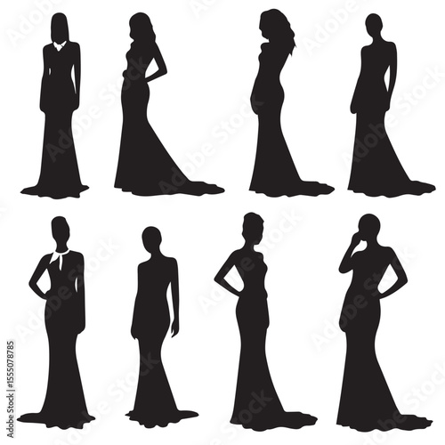 Black silhouette of glamorous women in various red carpet poses wearing designer gowns, with stylish hair minimalistic details and clean white background for vector stock us Adobe Illustrator Artwork