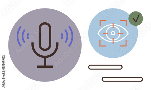 Microphone with sound waves and an eye with focus indicators representing smart voice and eye recognition technology. Ideal for tech innovation, AI, security, accessibility, communication