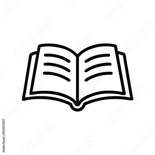 Black and White Open Book Icon – Minimalist Outline Vector Symbol of Reading, Education, Literature, or Knowledge for Use in Digital Media, Educational Platforms, and Print Designs