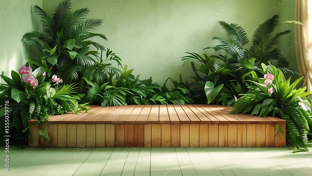 Obraz premium Wooden Platform with Tropical Plants in a Pale Green Room