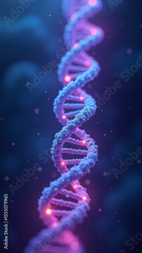 Hyper-detailed digital illustration showing a DNA double helix unraveling, glowing vibrantly with neon cyan and pink, against a soft, dark, abstract gradient background, evoking scientific wonder.