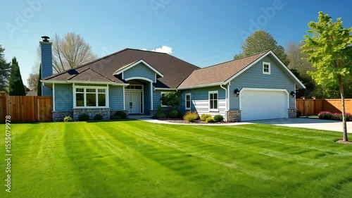 Beautiful suburban house with landscaped lawn, trees, and blue sky on a sunny day