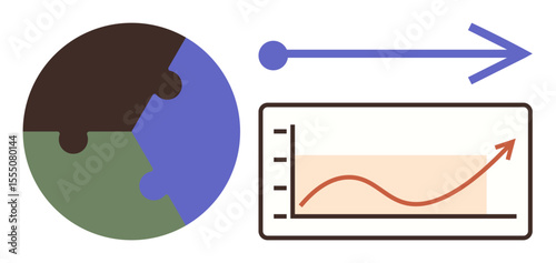 Puzzle globe, forward arrow, and growth chart illustrate global progress, teamwork, and future direction. Ideal for strategy, sustainability, innovation, data analysis business growth
