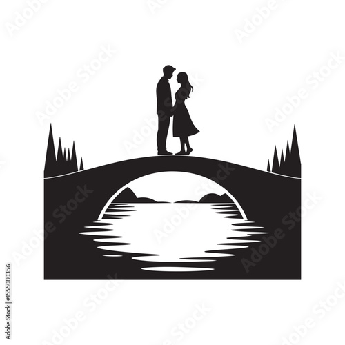 Couple Holding Hands on Bridge – Romantic Silhouette Vector in Minimal Black and White Style


