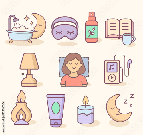 Cozy and calming icon pack with night elements like moon, skincare, bath, reading, and tea, suitable for self-care designs and relaxation themes