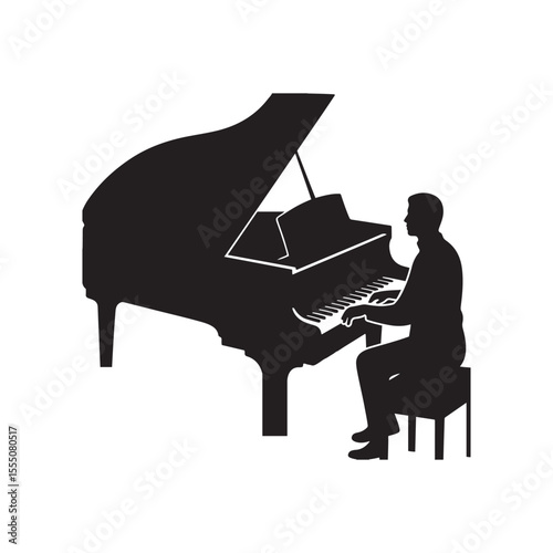 Musician Playing Grand Piano – Elegant Silhouette Vector in Black and White Minimal Style