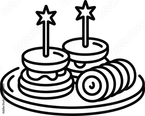 Elegant Black and White Line Art Illustration of Appetizers on a Plate with Star Toppers for Celebrations and