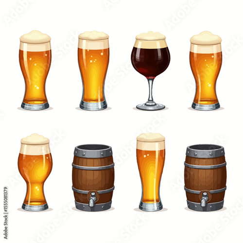  Vector set of realistic beer glasses and barrels with different beer types, perfect for pub menus, brewery branding or festival posters.