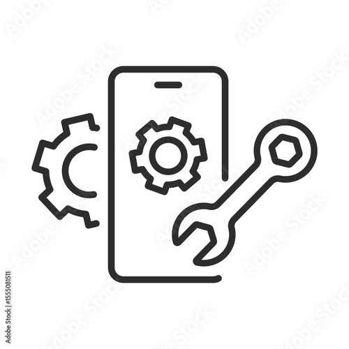 Setting up applications on phone. Linear vector illustration. Adjustment app for smartphone. Simple symbols. Download configuration and install on device. Updating software.