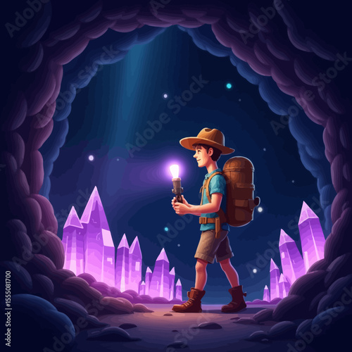 A vector of a young adventurer inside a cave full of glowing purple crystals, perfect for fantasy, adventure or storytelling concepts.