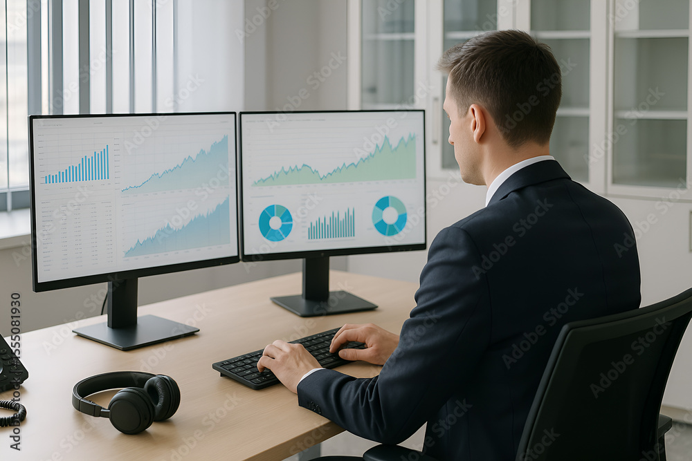 Obraz premium Biznesmen analizujący dane i wykresy na dwóch monitorach w nowoczesnym biurze – praca analityczna i planowanie strategiczne