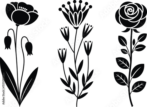 Elegant Black Silhouette Floral Illustrations: Nature's Beauty for Diverse Designs

