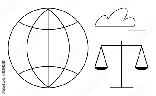 Globe represents global context, scales symbolize justice and equality, with a cloud as an environmental or abstract element. Ideal for law, sustainability, ethics, global equality, environment