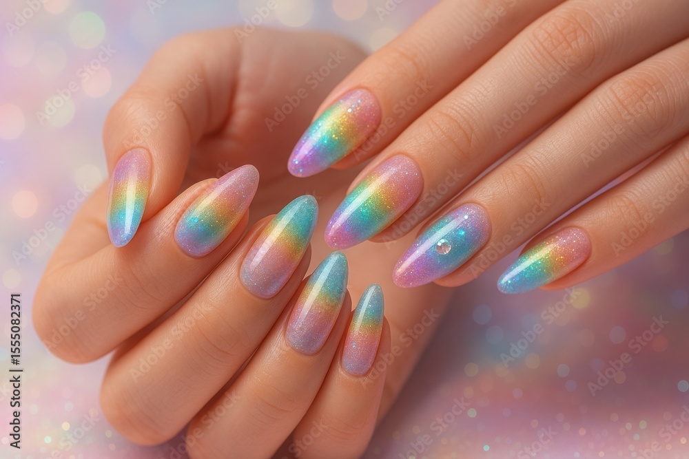 Pastel Rainbow Glitter Nail Art Design Manicure Ombre Nails Close up Pastel Rainbow Glitter Nail Art Design Manicure Ombre Nails Close up