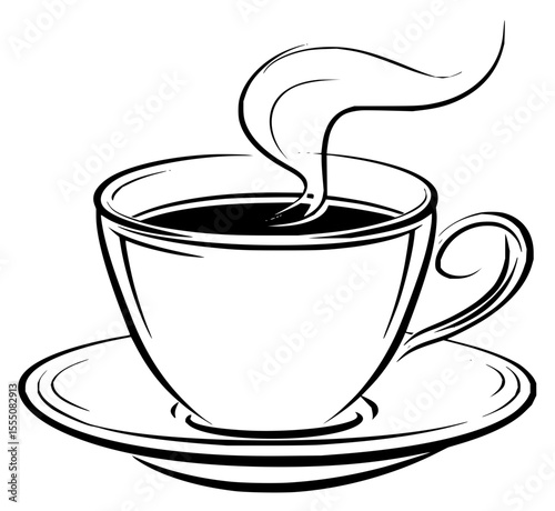Minimilist a steaming cup of coffee on a saucer, depicted with bold black outlines and a simple, clean aesthetic design vector