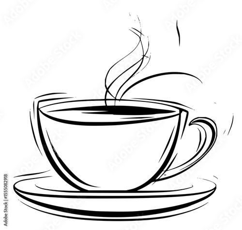 Minimilist illustration of a steaming cup of coffee on a saucer with visible steam lines against a white background vector