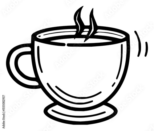 Minimilist illustration of a steaming cup of coffee with a handle and a saucer in a simple black and white drawing style vector