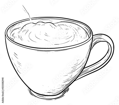 Minimilist illustration of a coffee cup filled with liquid and a stream of liquid pouring into the cup design art vector